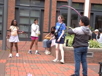 Campers playing in engineering courtyard