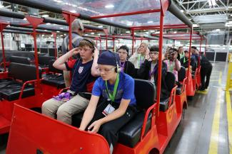 Campers in a tram